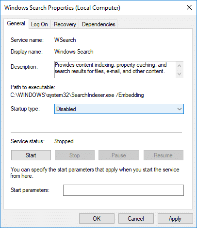 Windows meklēšanas nolaižamajā izvēlnē Startēšanas veids atlasiet Atspējots