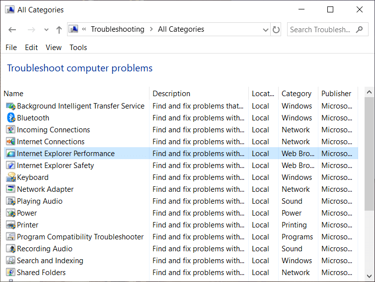 From the Troubleshoot computer problems list select Internet Explorer Performance