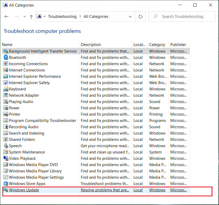 From the Troubleshoot computer problems list select Windows Update