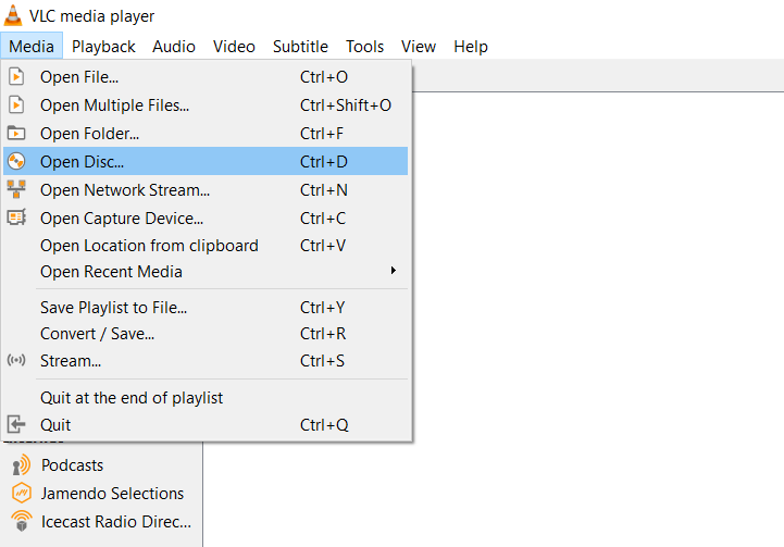 From the VLC Player menu, click on Media then select Open Disc