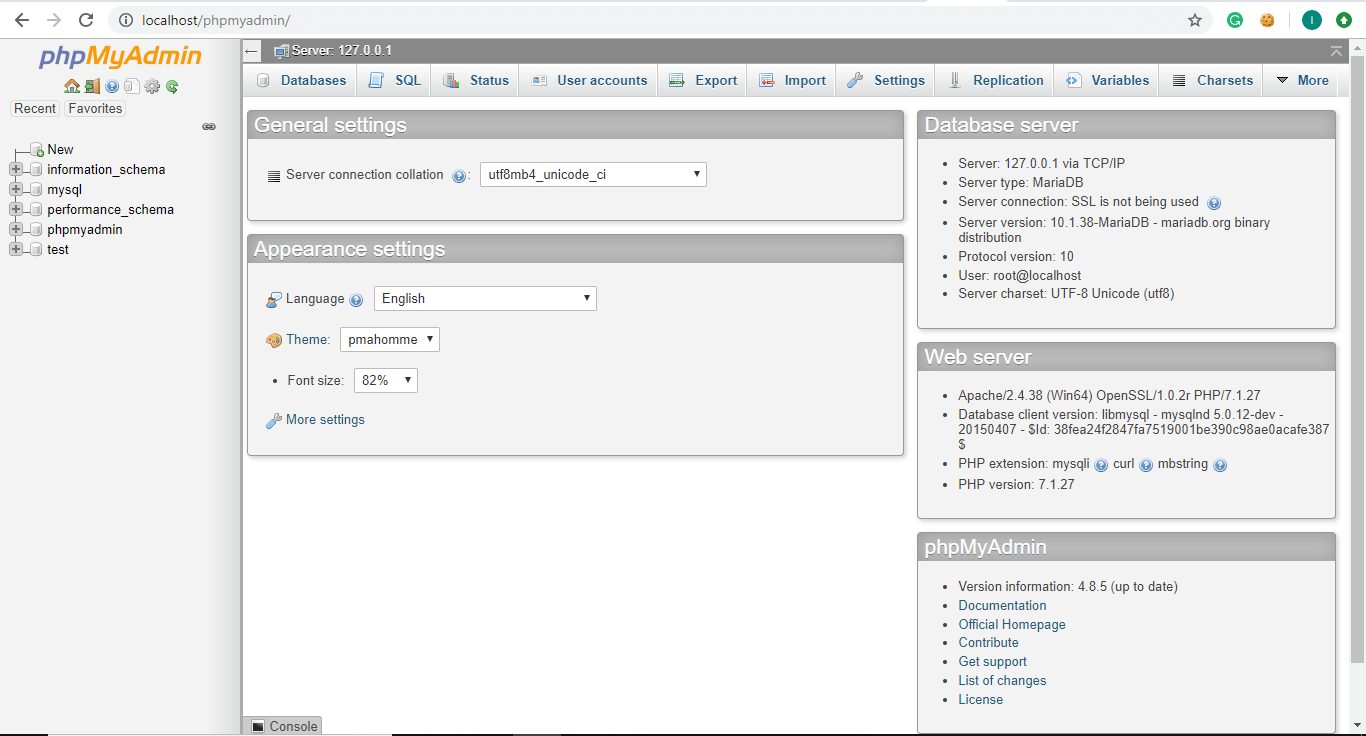 From the XAMPP default page, click on phpMyAdmin to see the phpMyAdmin console