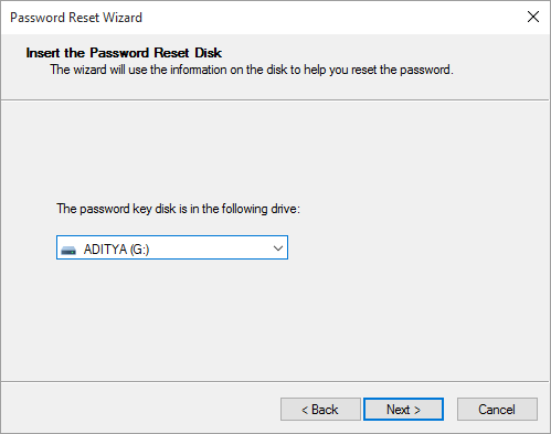 From the drop-down select the USB drive which has password reset disk and click Next