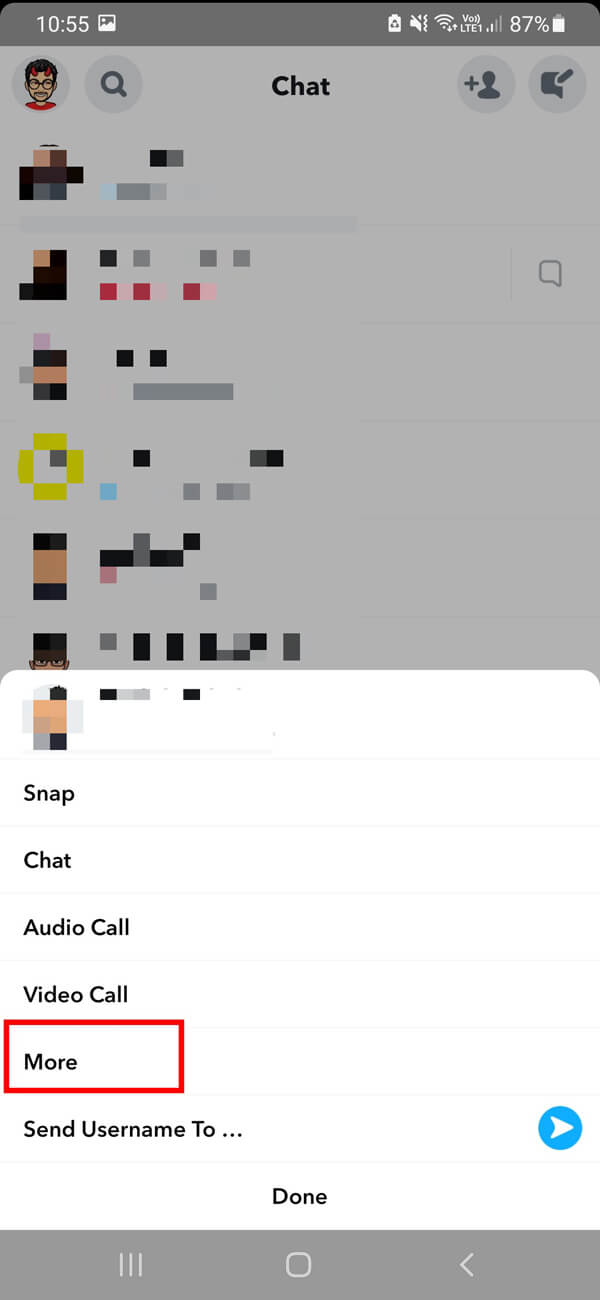 From the given list of options, select More. | How to Delete Messages on Snapchat