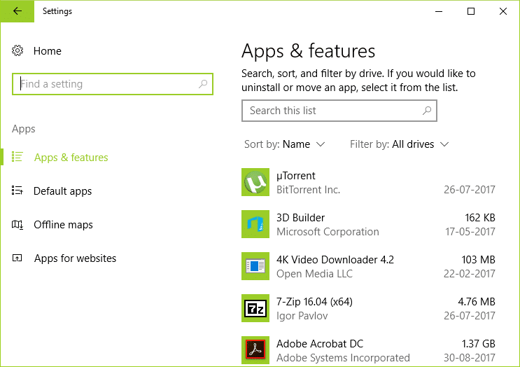 From the left hand menu click on Apps & features