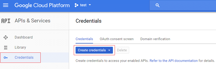 From the left-hand menu click on Credentials then click Create credentials