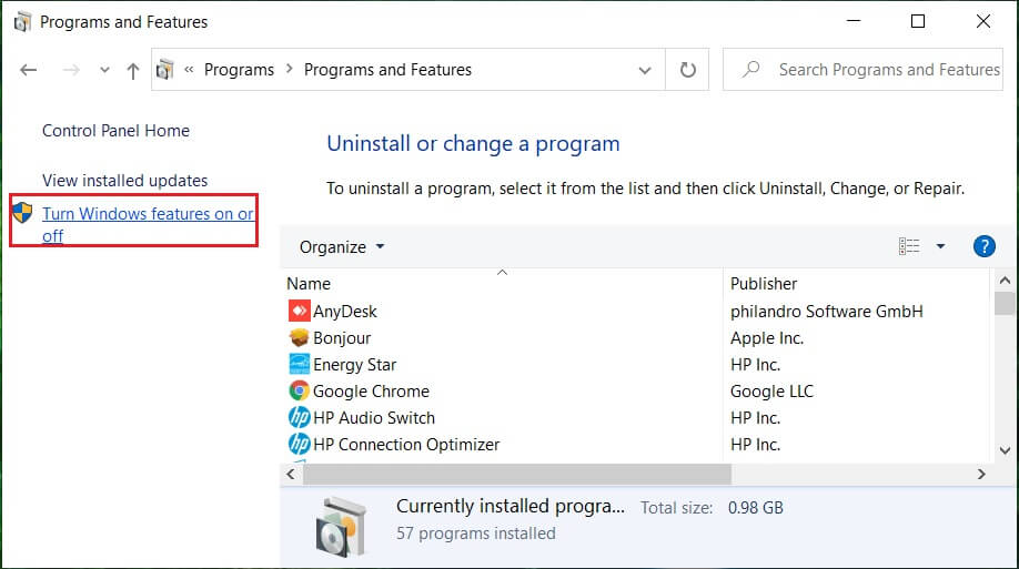 From the left-hand menu, click on Turn Windows features on or off