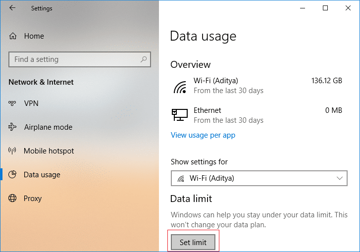 From the left-hand menu select Data Usage and then click on Set limit button
