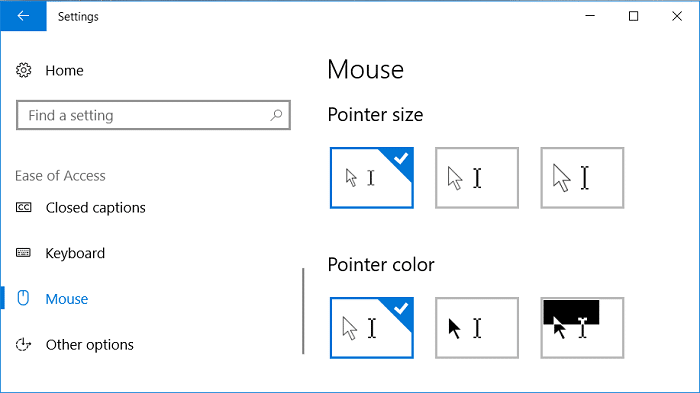 From the left hand menu select Mouse then choose the appropriate Pointer size and Pointer color