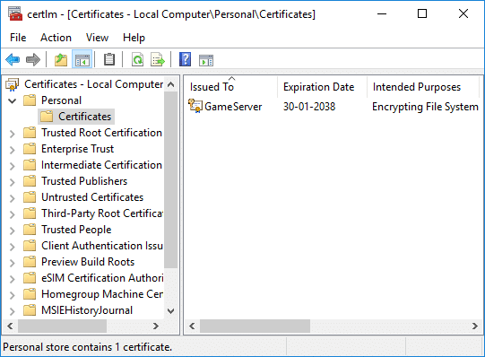 From the left-hand window pane, click on Personal to expand then select the Certificates folderFrom the left-hand window pane, click on Personal to expand then select the Certificates folder