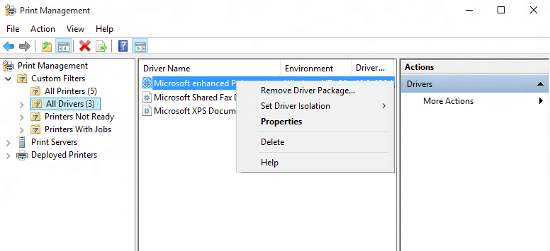 From the left pane, click All Drivers and then right-click on the printer driver and select Delete
