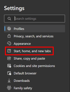 From the left pane, click on Start, home, and new tabs