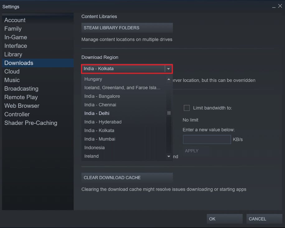 From the list of regions, choose the one which is closest to you | Fix Steam Stuck on Allocating Disk Space on Windows