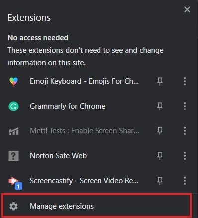 From the options, click on manage extensions