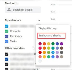 From the options select, settings and sharing