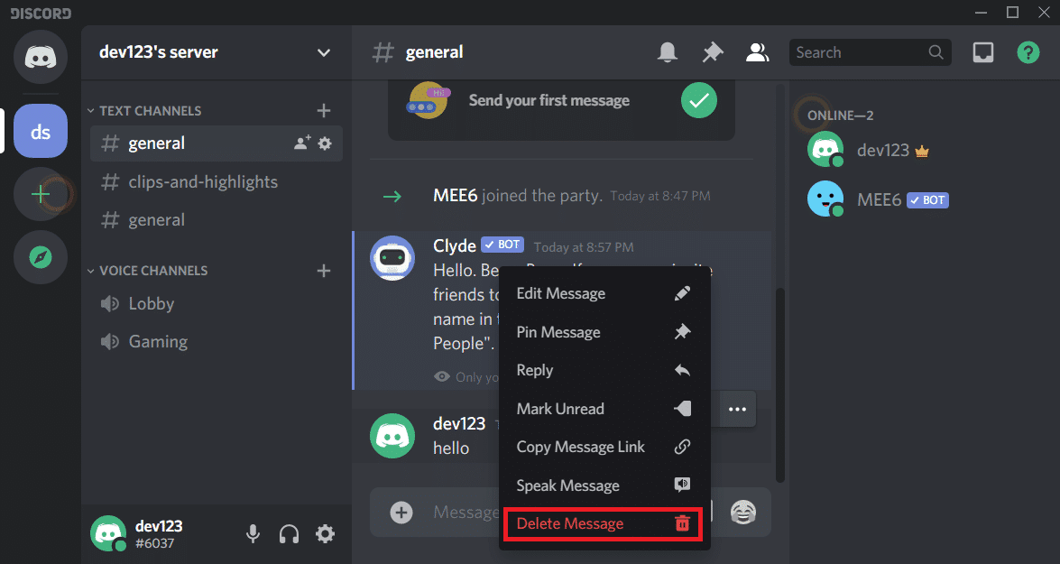 From the pop-up menu, tap on 'Delete'.  | Delete All Messages in Discord