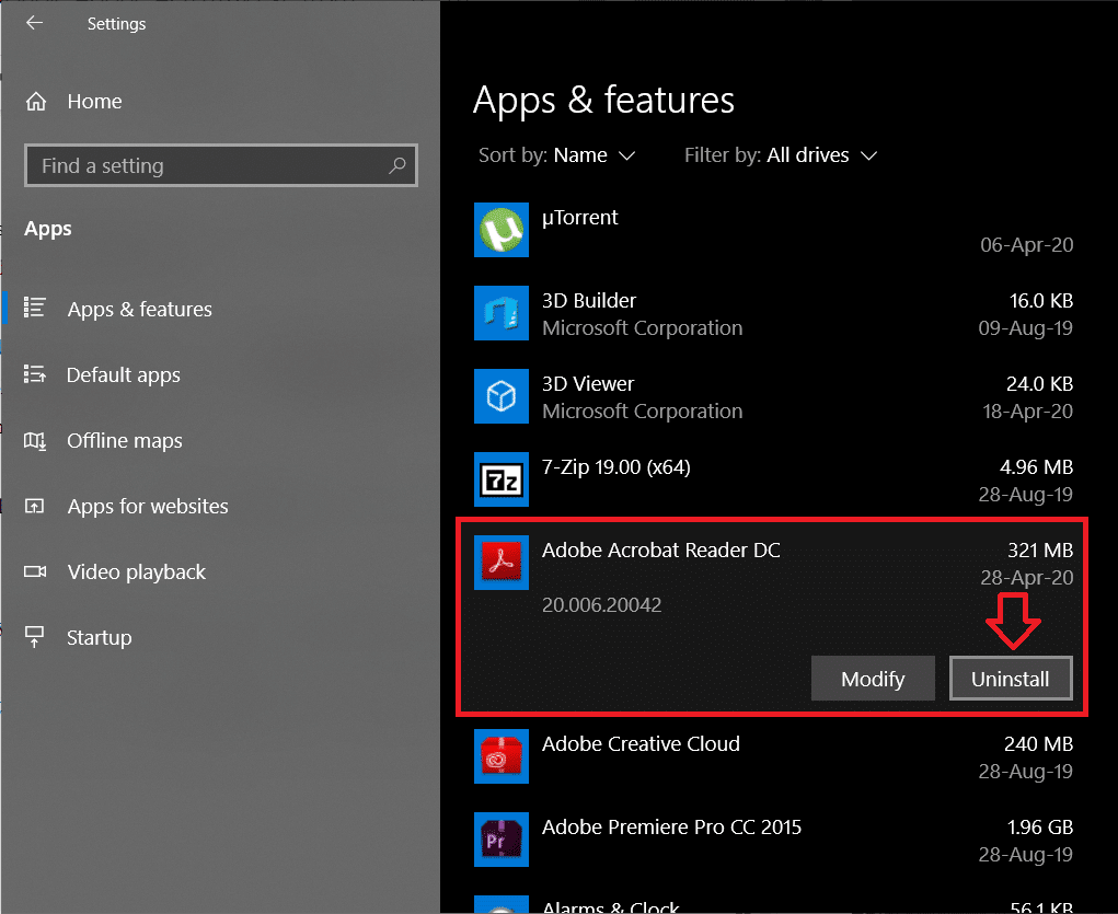 From the right-panel, click on the application to be removed and select Uninstall