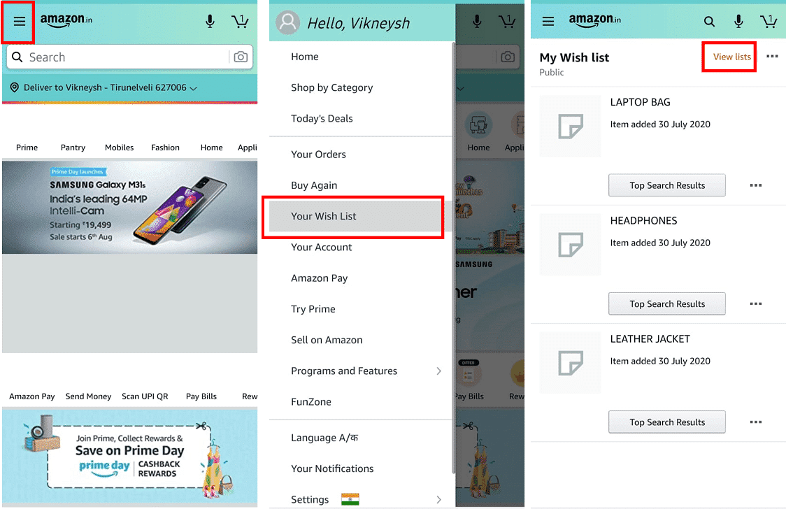 From the screen that shows up, find an option named “View lists”. | How to Find Someone’s Amazon Wish List?