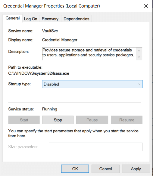 From the startup type dropdown select Disabled for Credential Manager service