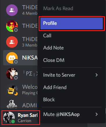 From your Discord account, right-click on the desired discord user's icon and click on Profile