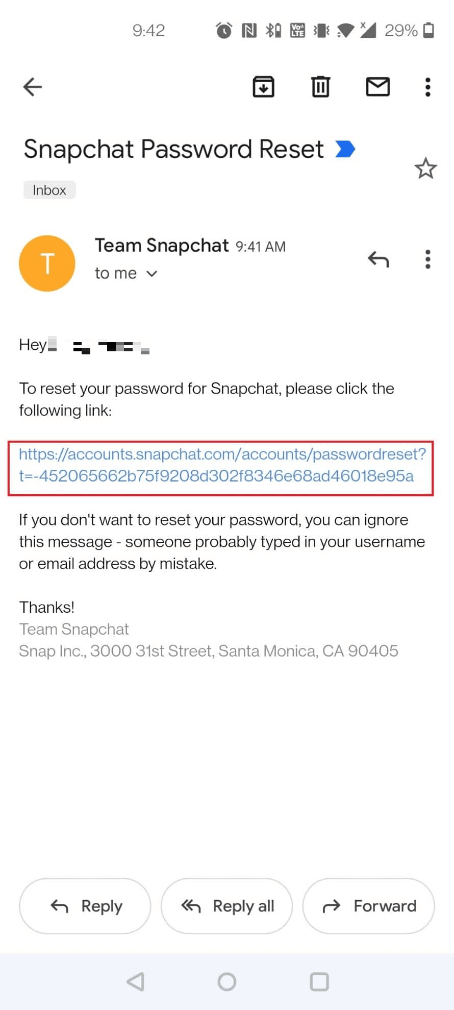 Tippen Sie in Ihrem Posteingang auf die erhaltene E-Mail zum Zurücksetzen des Snapchat-Passworts – Link zum Zurücksetzen