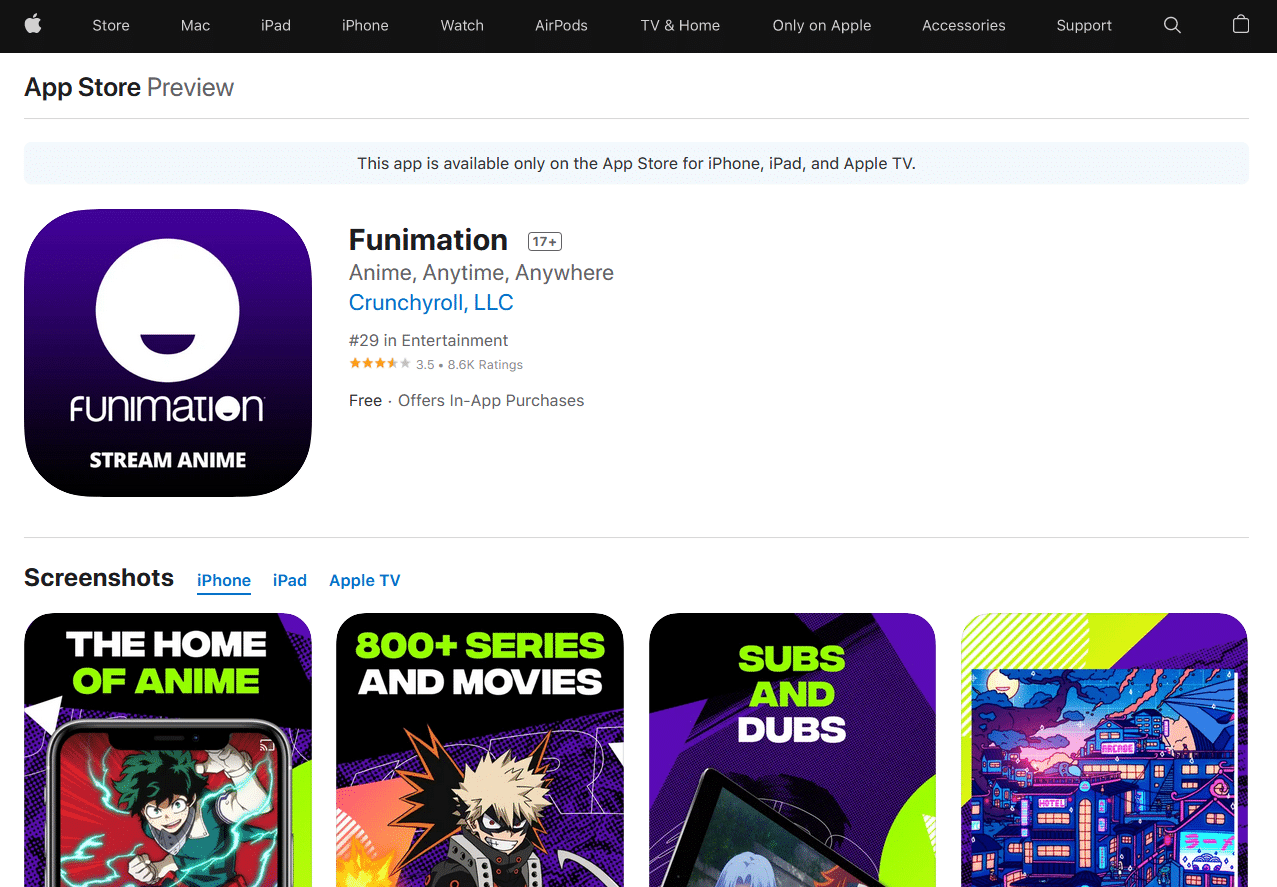 Funimation App store