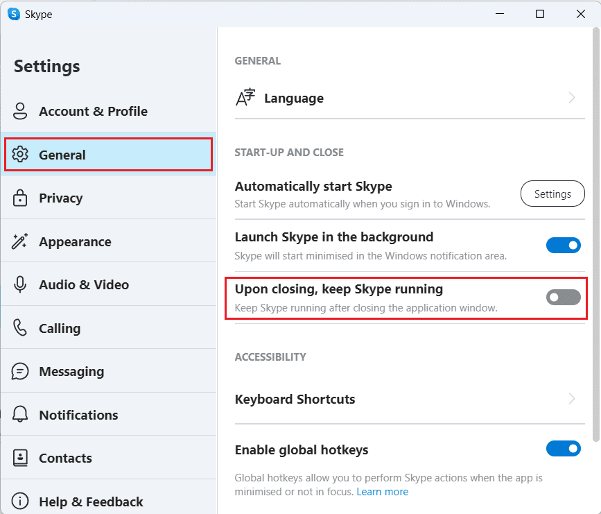 General tab - Turn on the toggle for the Upon closing, keep Skype running option