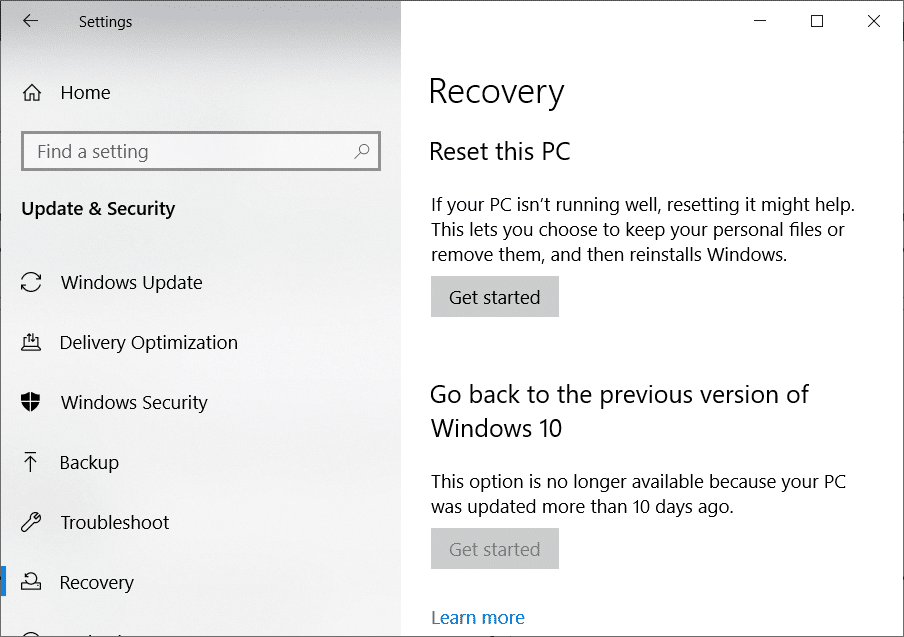 Bumalik sa nakaraang bersyon ng Windows 10