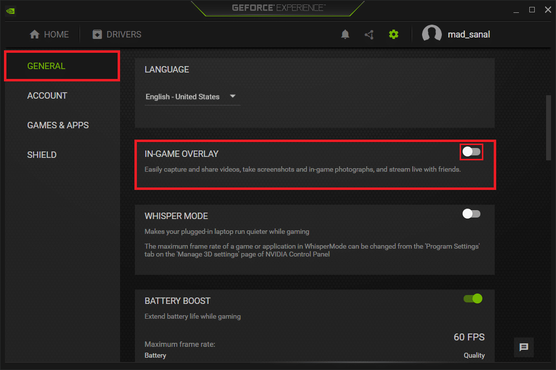 Go to GENERAL menu and switch Off the toggle for IN GAME OVERLAY in NVIDIA GeForce Experience settings Windows 11