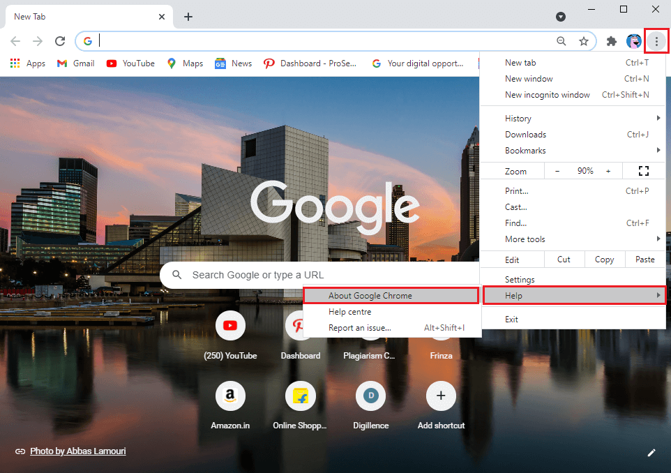 Go to Help and select About Google Chrome.  | Fix no Camera found in Google meet