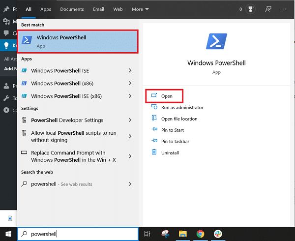 Go to Start menu search and type “PowerShell” and click on the search result