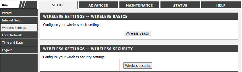 Go to Wireless Security or Settings tab