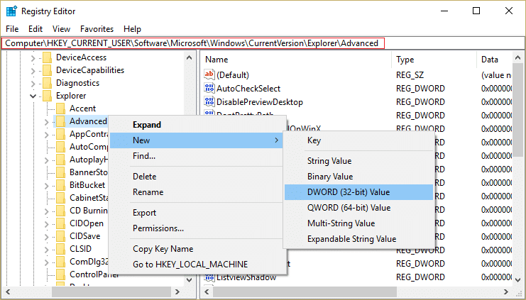 Go to explorer and right click on Advanced registry key then select New and then DWORD 32 bit value