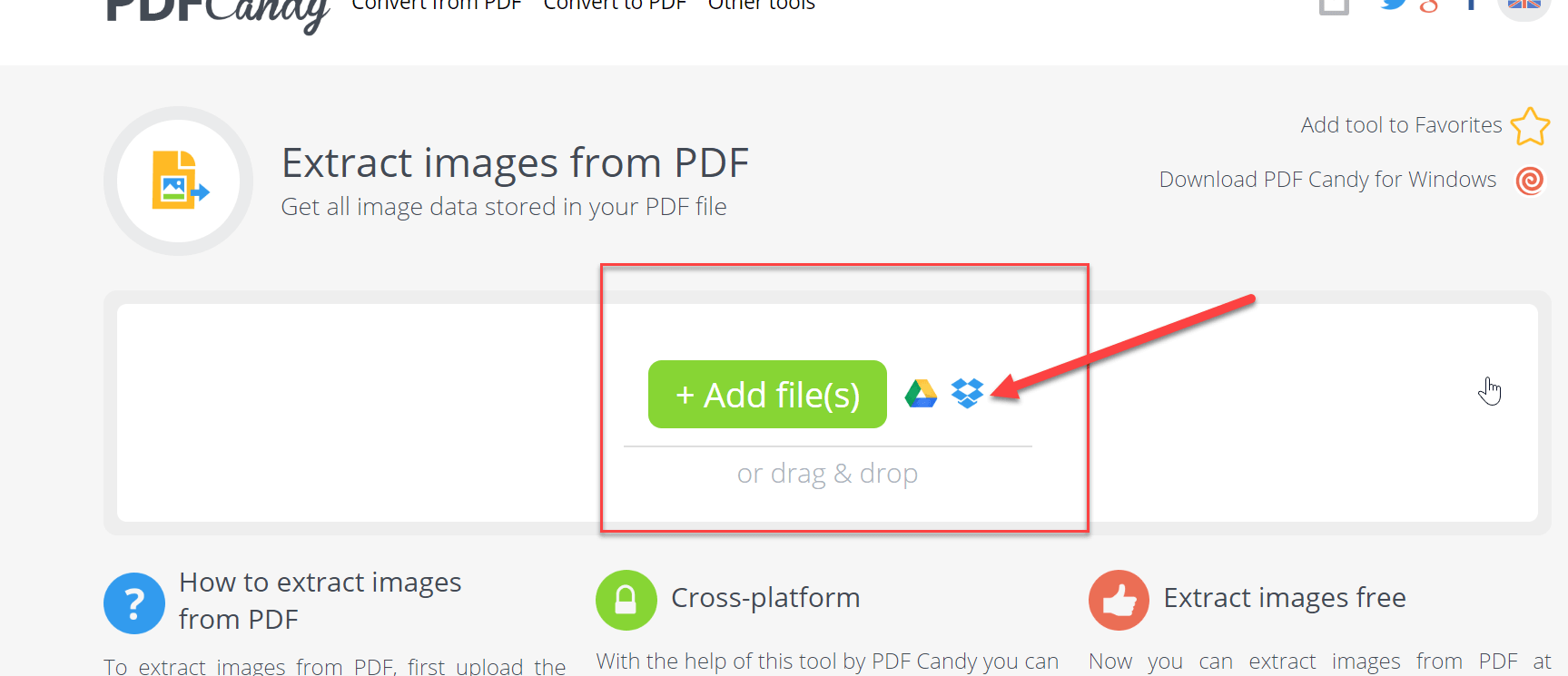Go to pdfcandy.com then select Extract Images then select the PDF file