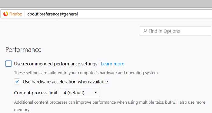 Go to preferences in Firefox then uncheck Use recommended performance settings