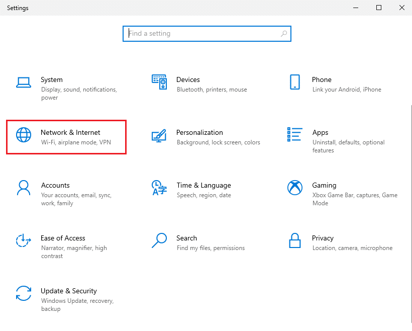 Go to the Network & Internet section | Fix Media Disconnected Error Message on Windows 10