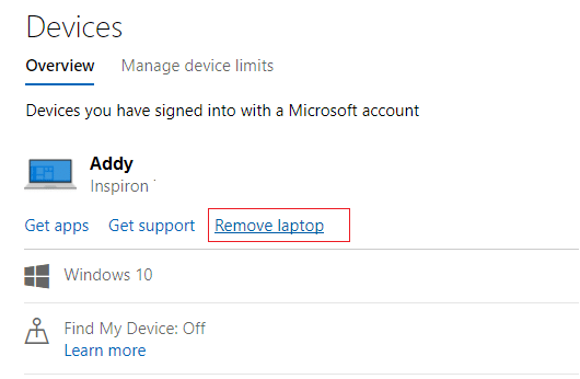 Go to your Microsoft account page from another device and click Remove device link