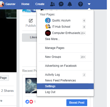Buka menu akun anjeun Convert Propil Facebook anjeun ka Halaman Usaha