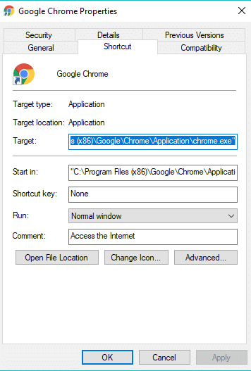 Google Chrome Properties dialog box will open up