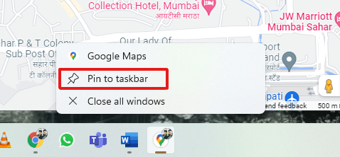 Google Maps shortcut pinned to taskbar