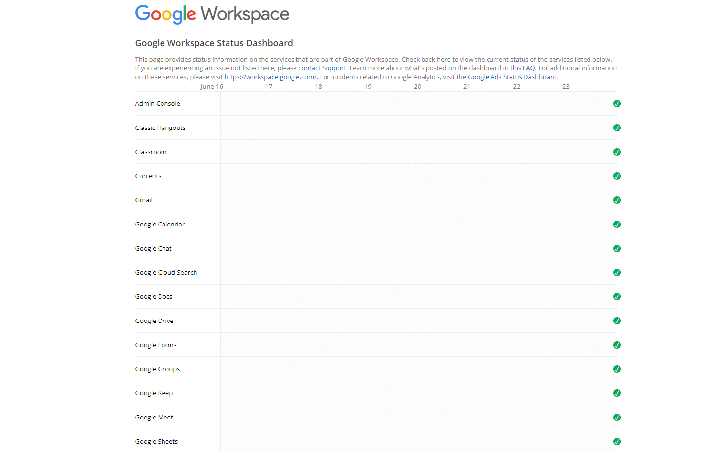 Google Workspace Status dashboard page. How to Fix Email Address Not Found