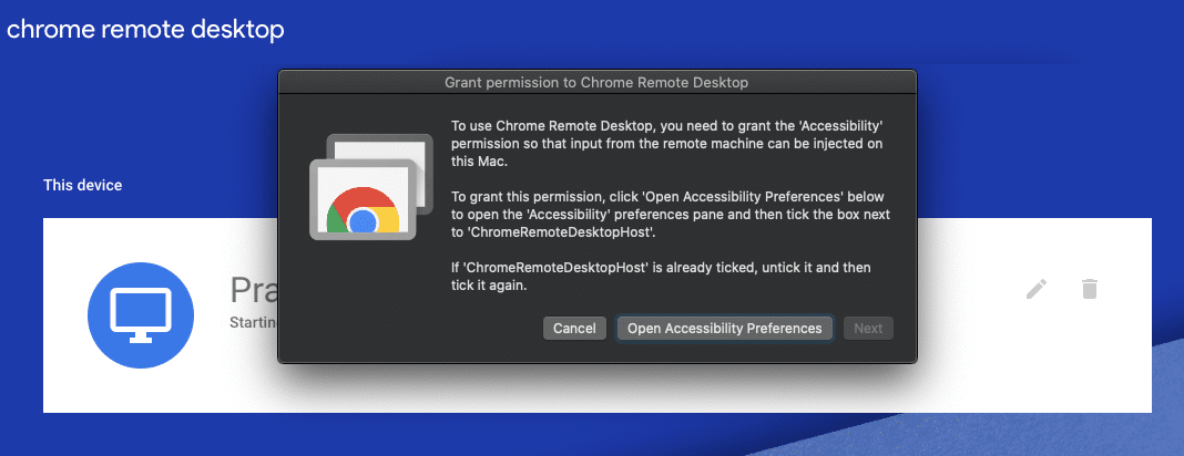 Grant permission to Chrome Remote Desktop