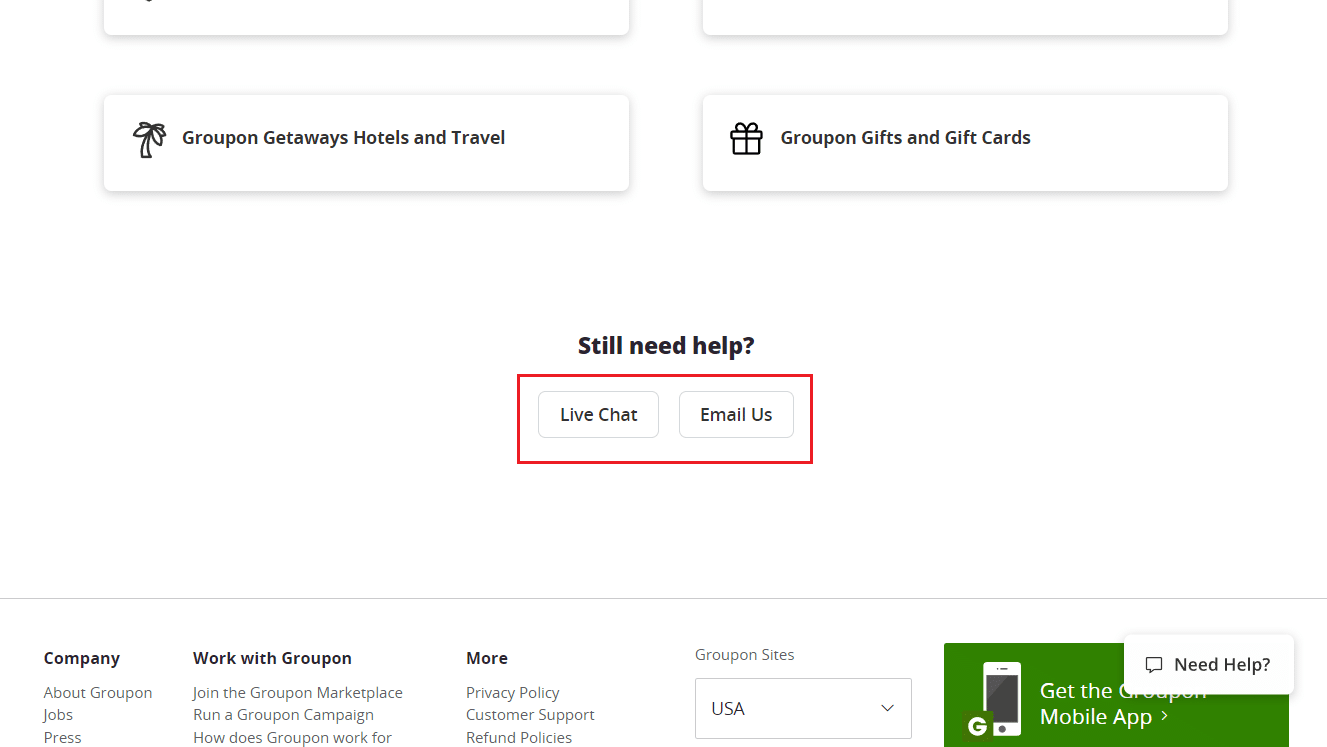 Groupon Customer Support page - Live Chat or Email Us option | How to Find My Groupon Account 