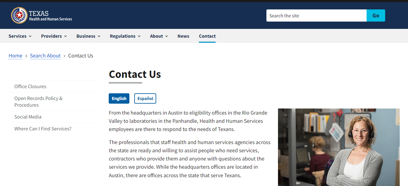 Página de contacto de HHS Texas