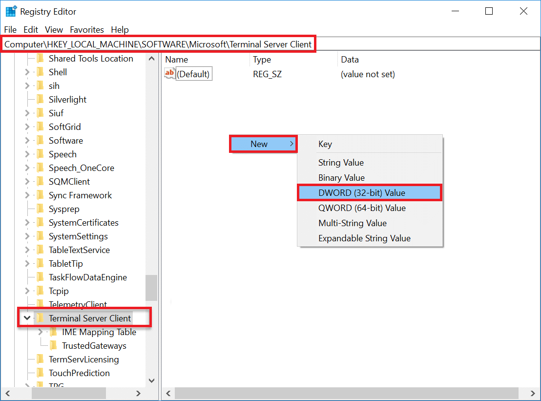 HKEY_CURRENT_USERSoftwareКлиент сервера терминалов Microsoft | Исправлено: удаленный рабочий стол не подключается в Windows 10.