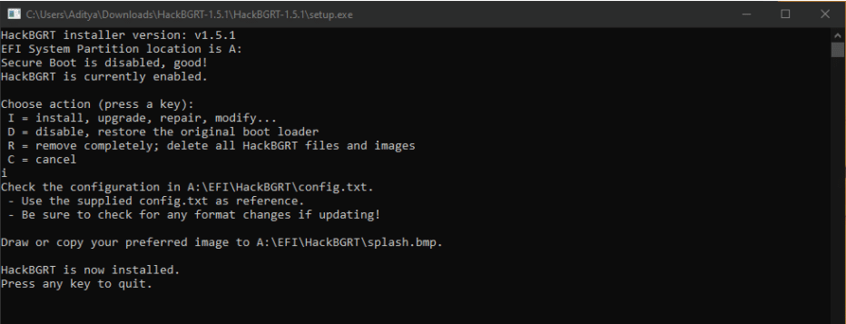 HackBGRT installed command prompt