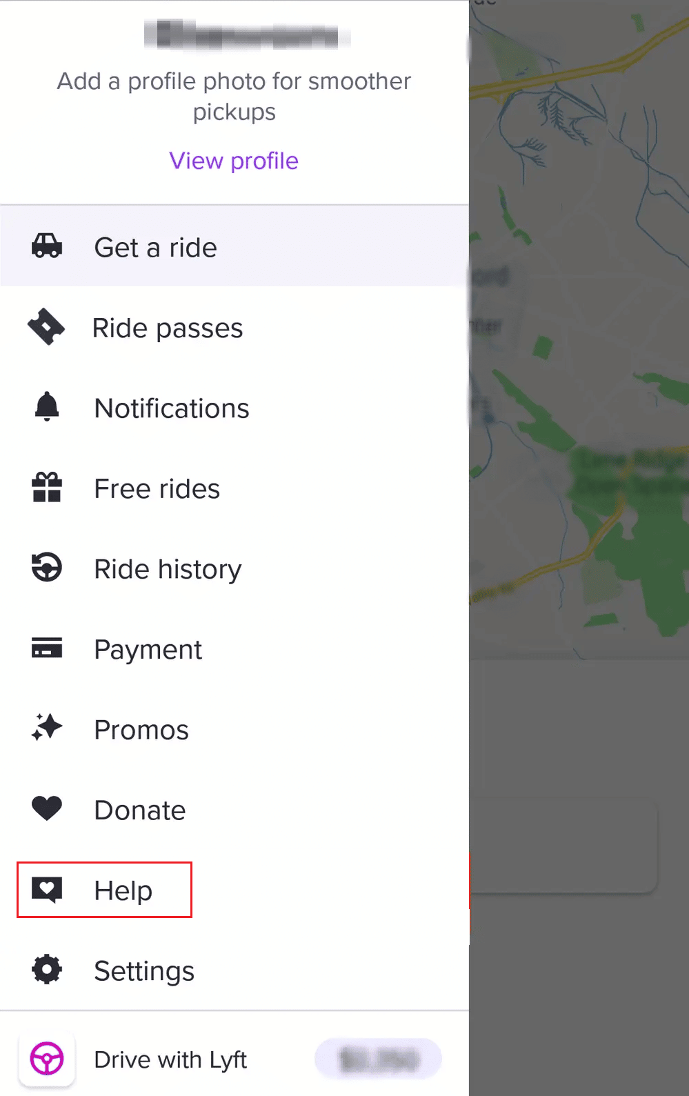 Help option on the Lyft app | How to Cancel Lyft Ride