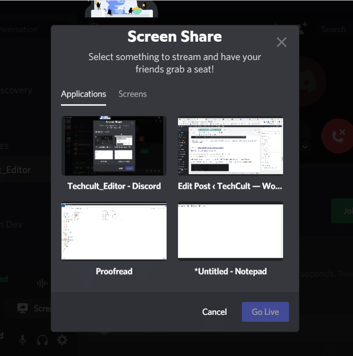 Here, choose applications or screens to stream
