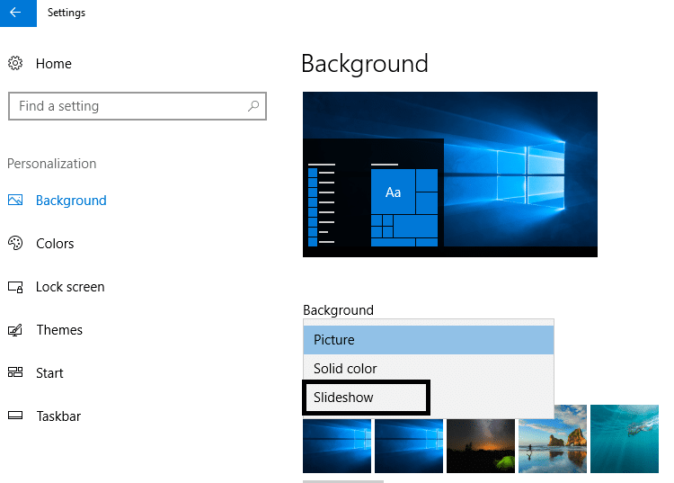 Here you need to select Slideshow option from Background drop-down