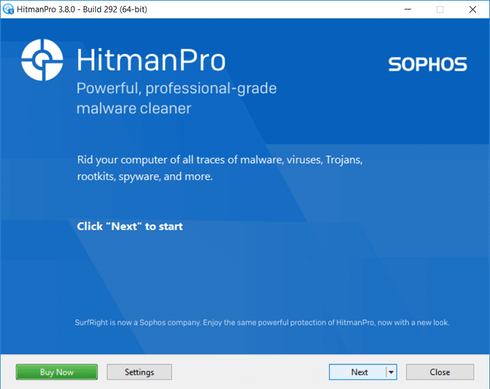 HitmanPro will open, click Next to scan for malicious software