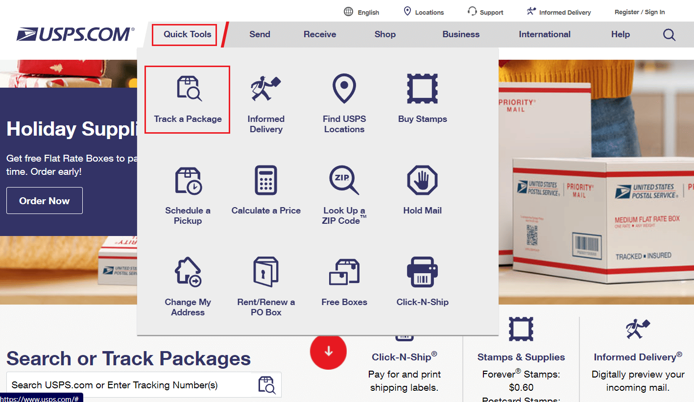 Hover over the Quick Tools option and click on Track a Package | How to Reactivate USPS.com Account